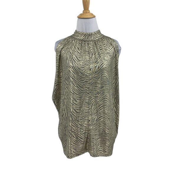 Anthropologie Top Womens M Medium Gold Metallic Mock Neck Halter Zebra Blouse - Picture 1 of 14